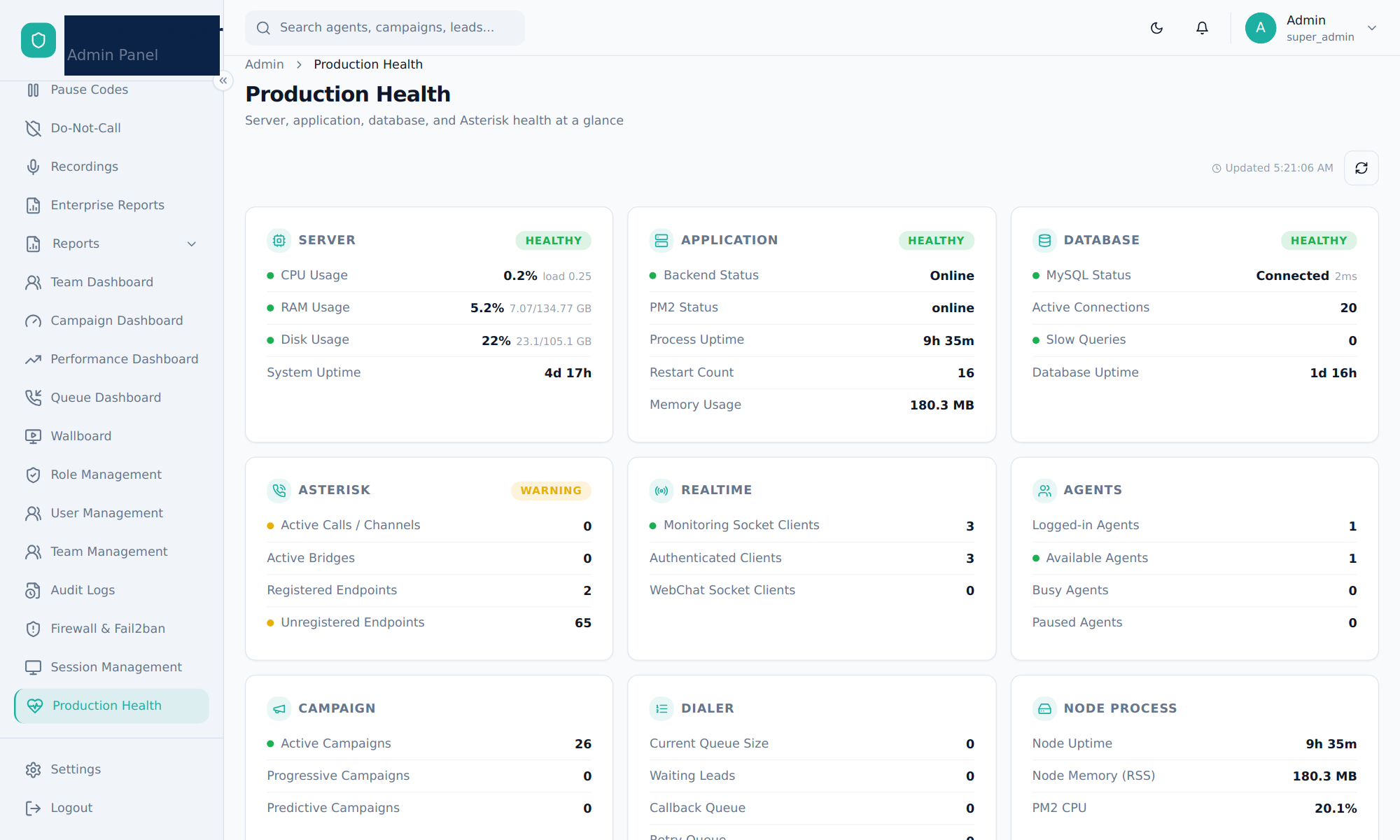 Production Health page with server, application, database and Asterisk status