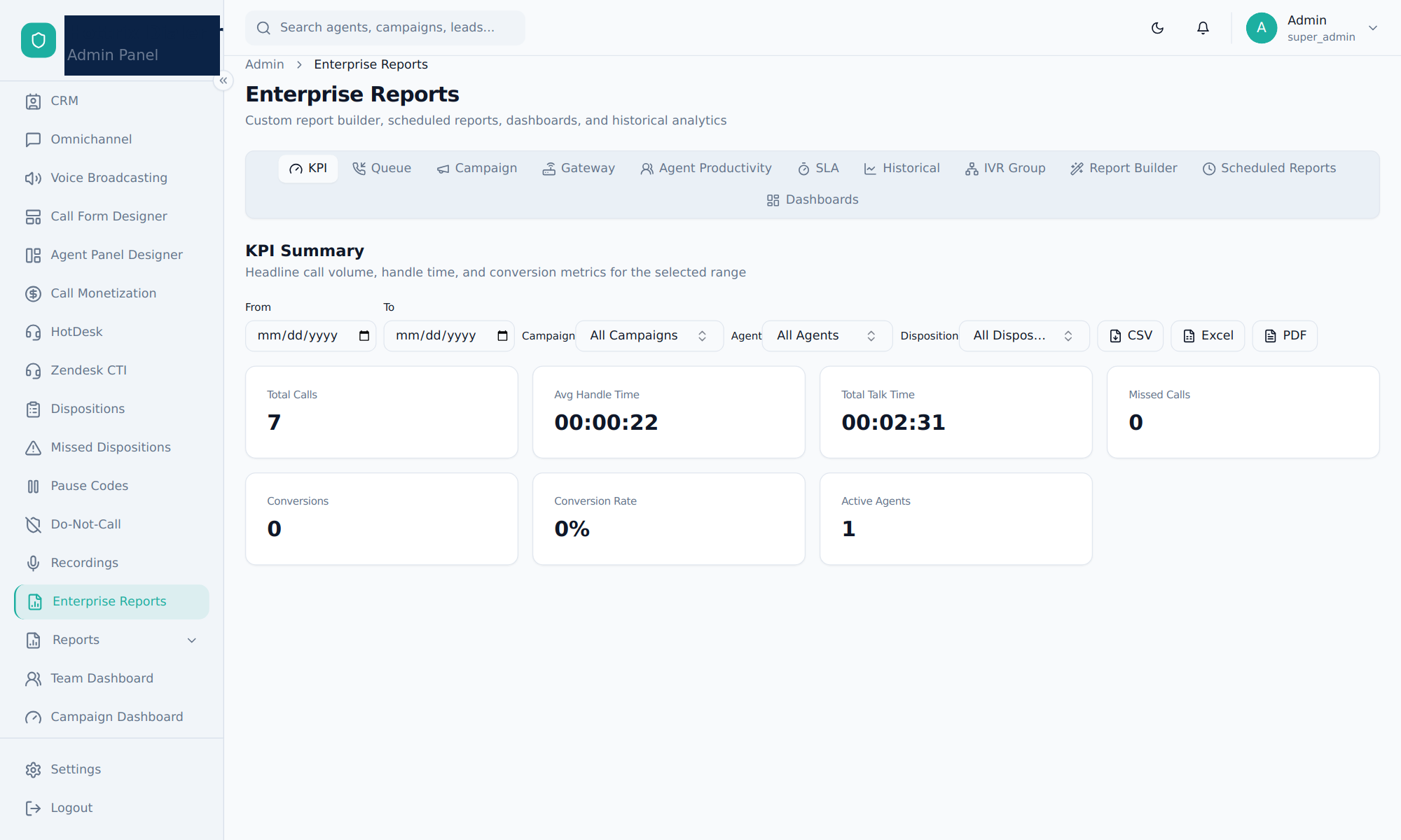 Enterprise Reports KPI summary with export buttons